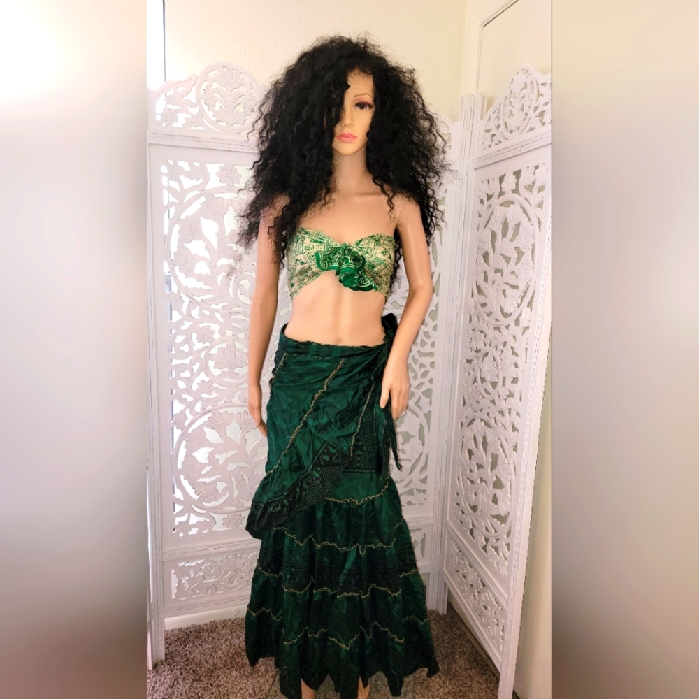 Exotic Boho Silk Hunter Green Reversible Wrap Maxi Skirt - Picture 8 of 11